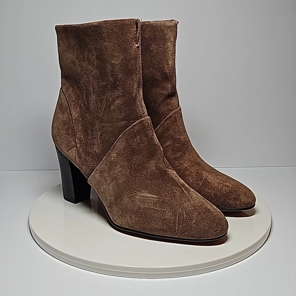 Franco Sarto Pia Suede Ankle Booties Brown 7.5 Side Zip Almond Toe Heeled Boots